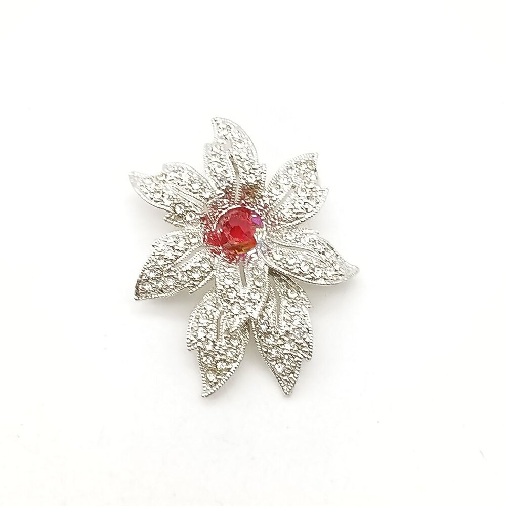 Vintage Silver Tone Pave Flower Brooch with Red Bead Center, Elegant Winter